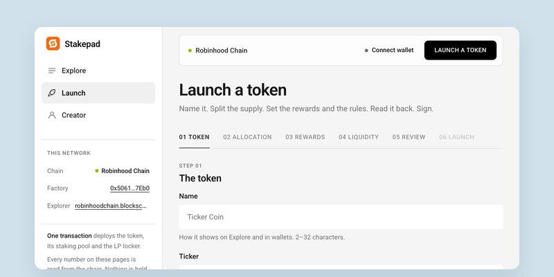 Stakepad launch wizard: name the token, split the supply, set rewards and lock rules